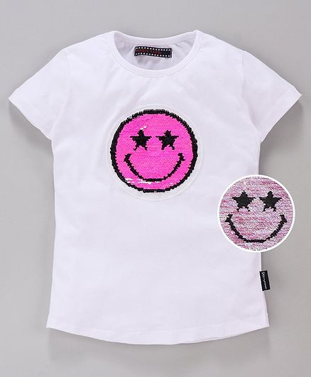 MAGIC TEES Half Sleeves Reverse Sequinned Smiley Patch Tee - Pink