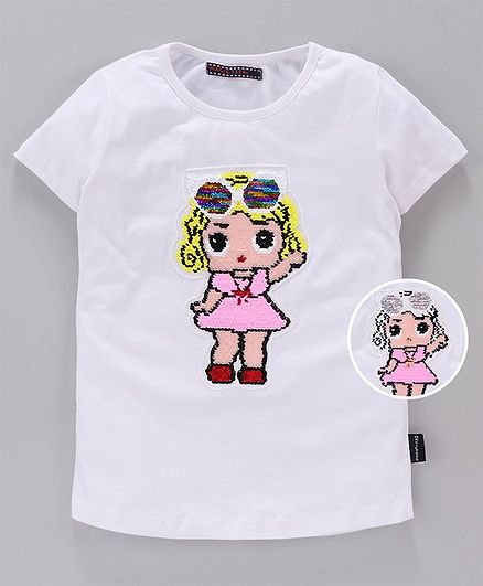 MAGIC TEES Half Sleeves Reverse Sequinned Doll Patch Tee - Brown