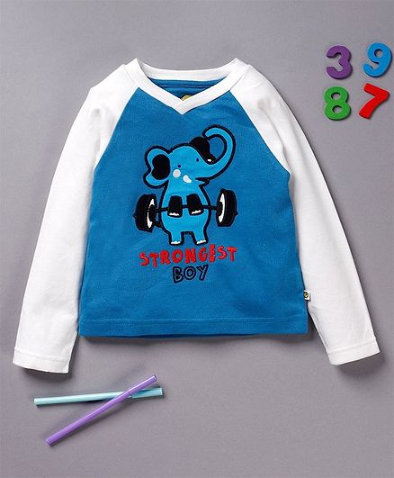 Pranava Weight Lifter Elephant Patch Detailed Organic Cotton Tee - Blue