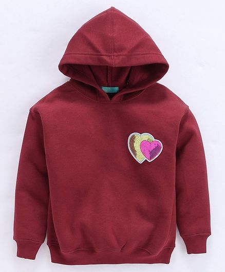 Tiara Sequin Heart Patch Detailed Full Sleeves Hoodie - Red