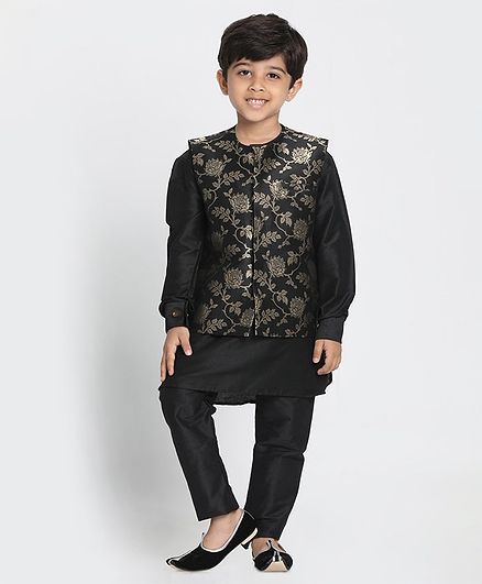 JBN Creation Full Sleeves Kurta With Rose Self Design Jacket & Pajama - Black