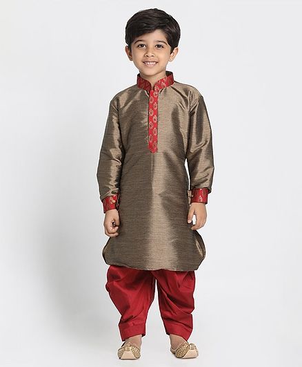 Vastramay Pathani Style Full Sleeves Kurta & Dhoti - Red