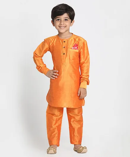 JBN Creation Solid Full Sleeves Kurta With Pajama - Orange