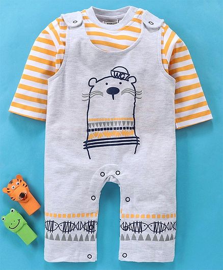 Wonderchild Animal Printed Dungaree With Full Sleeves T-Shirt - Yellow & Grey