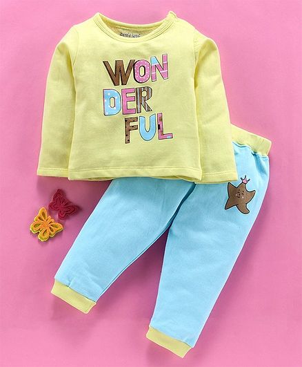 Mom's Love Full Sleeves Winter Wear Tee & Lounge Pant Wonderful Print - Lemon Yellow Aqua