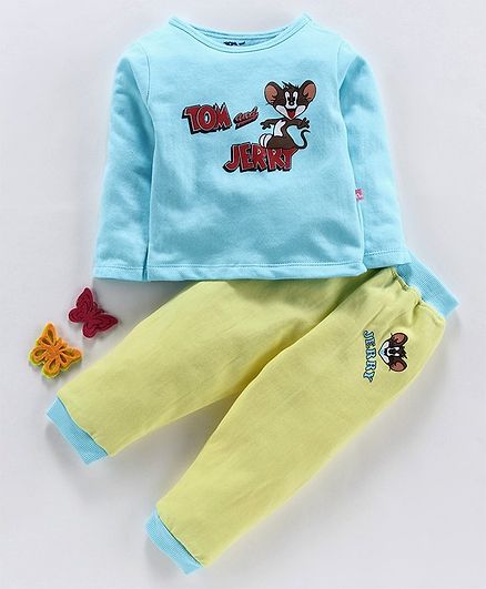Mom's Love Full Sleeves Winter Wear Tee & Lounge Pant Tom & Jerry Print - Aqua Yellow