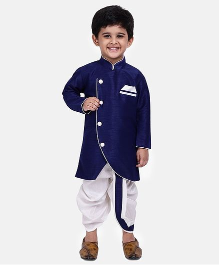 BownBee Solid Full Sleeves Sherwani With Dhoti - Blue & White