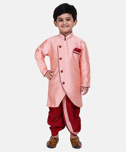 BownBee Solid Full Sleeves Sherwani With Dhoti - Peach & White
