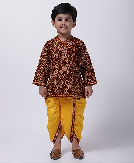BownBee Jaipuri Print Full Sleeves Angrakha Style Kurta & Dhoti Set - Black