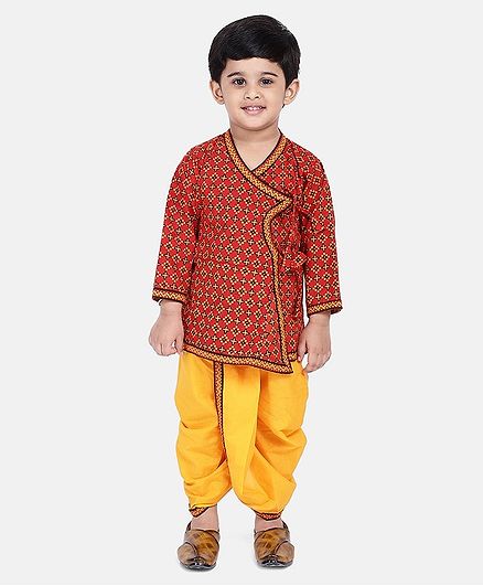 BownBee Jaipuri Print Full Sleeves Angrakha Style Kurta & Dhoti Set - Red