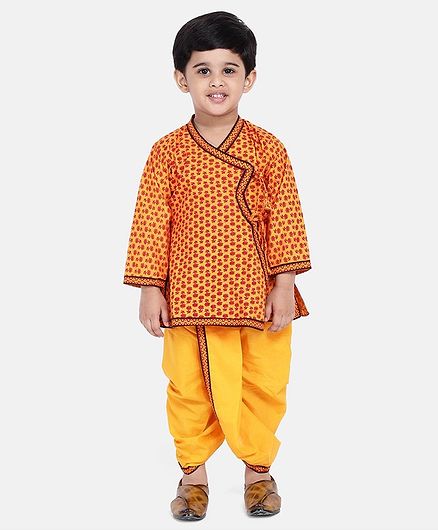 BownBee Jaipuri Print Full Sleeves Angrakha Style Kurta & Dhoti Set - Yellow