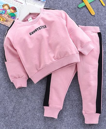 Meng Wa Full Sleeves Winter Wear Sweatshirt With Bottoms Text Print - Pink