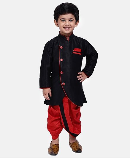 BownBee Solid Full Sleeves Sherwani With Dhoti - Black & Red