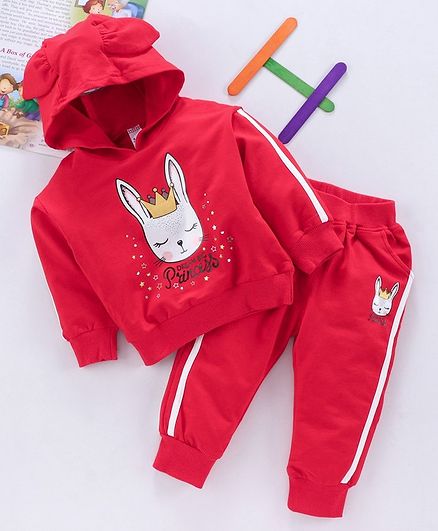 Meng Wa Full Sleeves Winter Wear Hooded Sweatshirt & Bottom Bunny Princess Print - Red