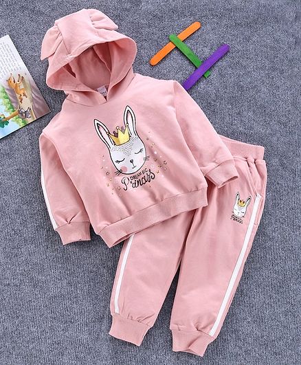 Meng Wa Full Sleeves Winter Wear Hooded Sweatshirt & Bottom Bunny Princess Print - Light Pink