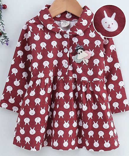 Kookie Kids Full Sleeves Frock Animal Print - Maroon