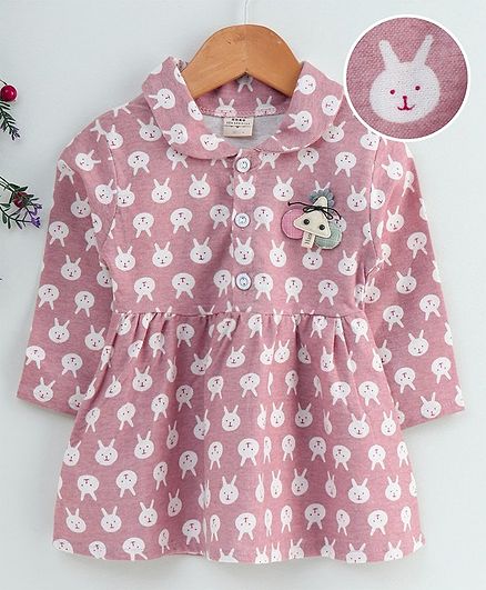 Kookie Kids Full Sleeves Frock Animal Print - Light Pink