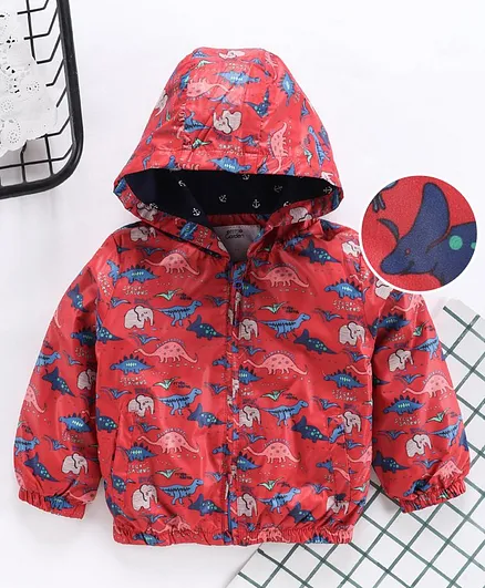 Yiyi Garden Full Sleeves Hooded Sweat Jacket Dino Print - Red