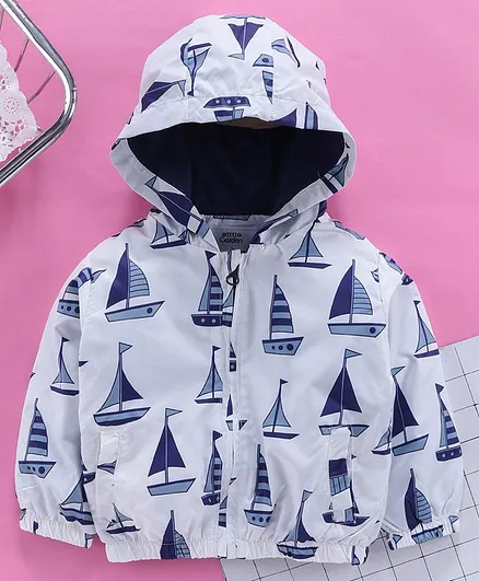 Yiyi Garden Full Sleeves Hooded Sweat Jacket Boat Print - White