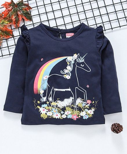 Babyhug Full Sleeves Tee Unicorn Print - Navy Blue