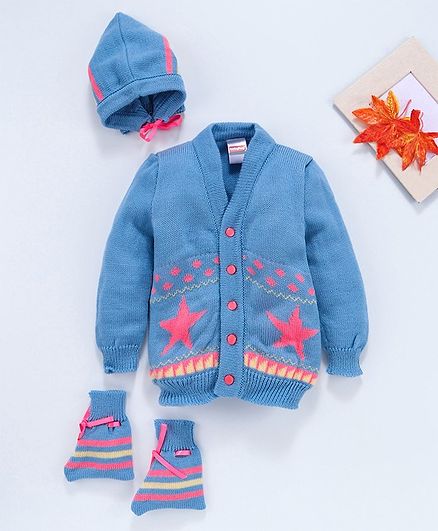 Babyhug Full Sleeves Sweater With Cap & Booties Star Design - Blue