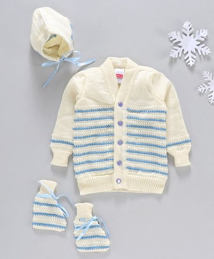 Babyhug Full Sleeves Sweater Striped With Cap & Booties - Blue Yellow