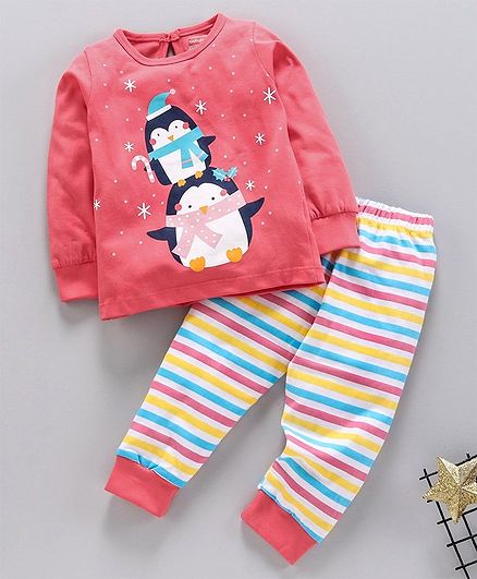 Babyhug Full Sleeves Night Suit Graphic Print - Pink