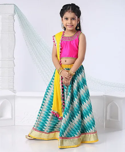 Kids Chakra Lace Detailed Sleeveless Choli With Geometric Print Lehenga & Dupatta - Pink & Blue