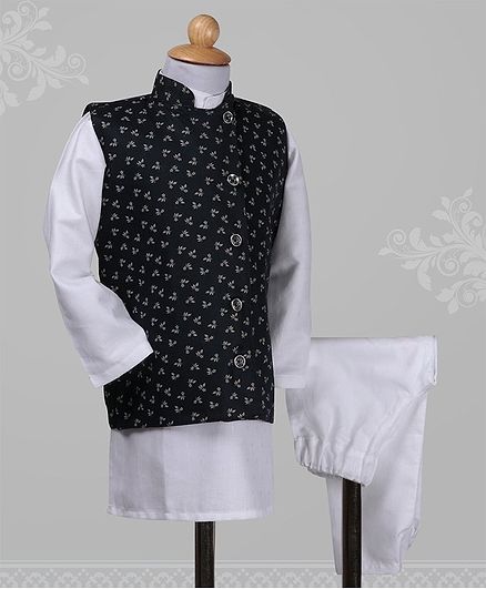 Knotty Kids Full Sleeves Kurta With Flower Printed Jacket & Pyjama - Blue