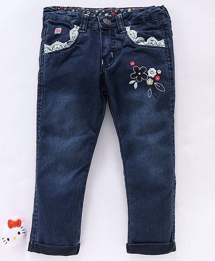 Olio Kids Full Length Jeans Floral Embroidery - Dark Blue