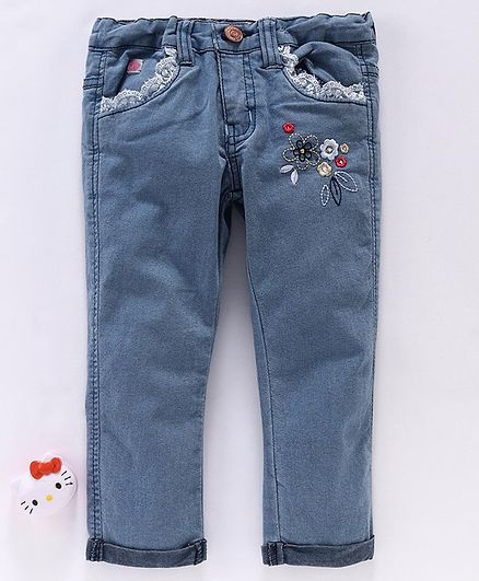 Olio Kids Full Length Jeans Floral Embroidery - Light Blue