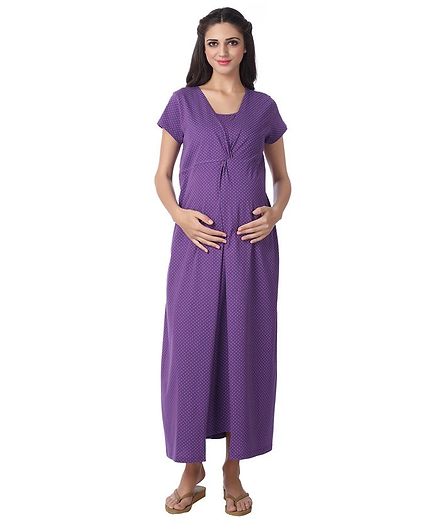 Kriti Full Length Maternity & Nursing Polka Dotted Nighty - Purple