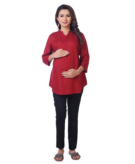 Kriti Full Sleeves Solid Maternity Top - Maroon