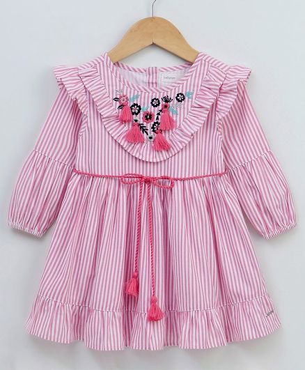 Babyoye Full Sleeves Striped Cotton Frock With Floral Tassels - Pink