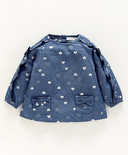 Babyoye Cotton Full Sleeves Top With Bow Patch Pockets - Blue