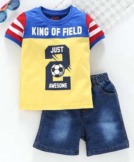 Babyhug Half Sleeves Tee & Shorts Set Football Print - Yellow Blue