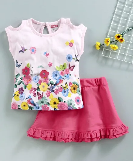 Babyhug Short Sleeves Top & Skirt Floral Print - Pink