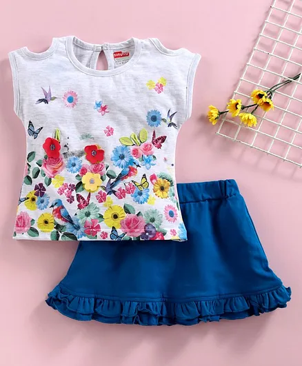Babyhug Short Sleeves Top & Skirt Floral Print - Grey Blue