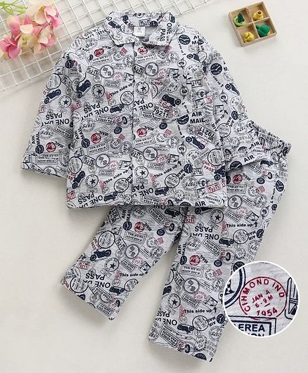 ToffyHouse Full Sleeves Night Suit Stamp Print - Grey