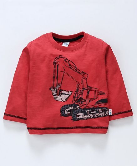Teddy Full Sleeves Tee Excavator Print - Red