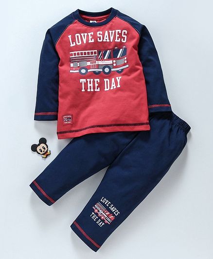 Teddy Full Sleeves Tee & Lounge Pant Vehicle Print - Red Navy