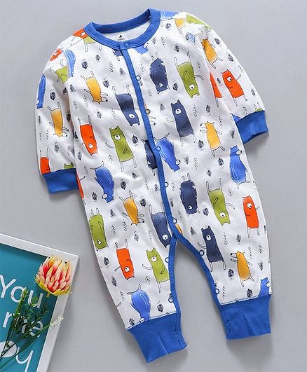 Kookie Kids Full Sleeves Romper Animal Print - White Blue