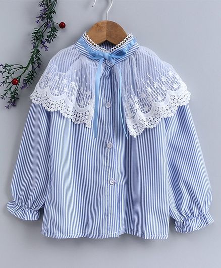 Kookie Kids Full Sleeves Striped Shirt Lace Detail Blue