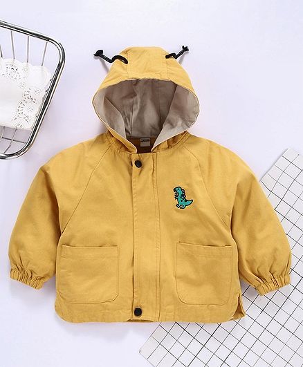 kookie Kids Full Sleeves Hooded Jacket Dino Print - Yellow
