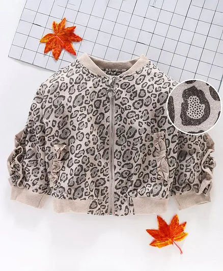 Reiki Trees Full Sleeves Printed Bomber Jacket - Beige