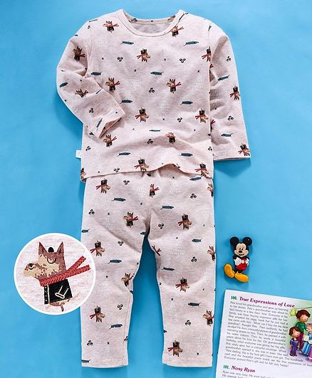 Kookie Kids Full Sleeves Night Suit Fox Print - Cream