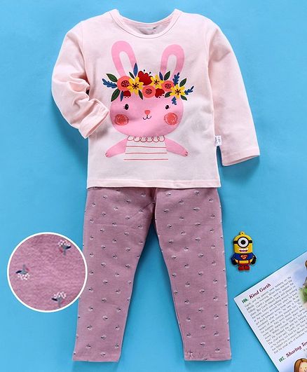 Kookie Kid Full Sleeves Night Suit Bunny Print - Light Pink
