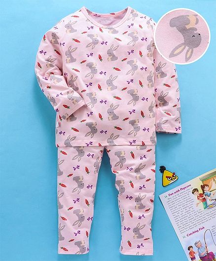 Kookie Kids Full Sleeves Night Suit Bunny Print - Light Pink