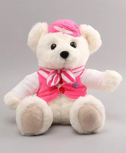 Benny & Bunny Teddy Bear In Air Hostess Costume White Pink - Height 19 cm
