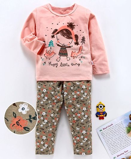 Kookie Kids Full Sleeves Night Suit Floral Print - Peach